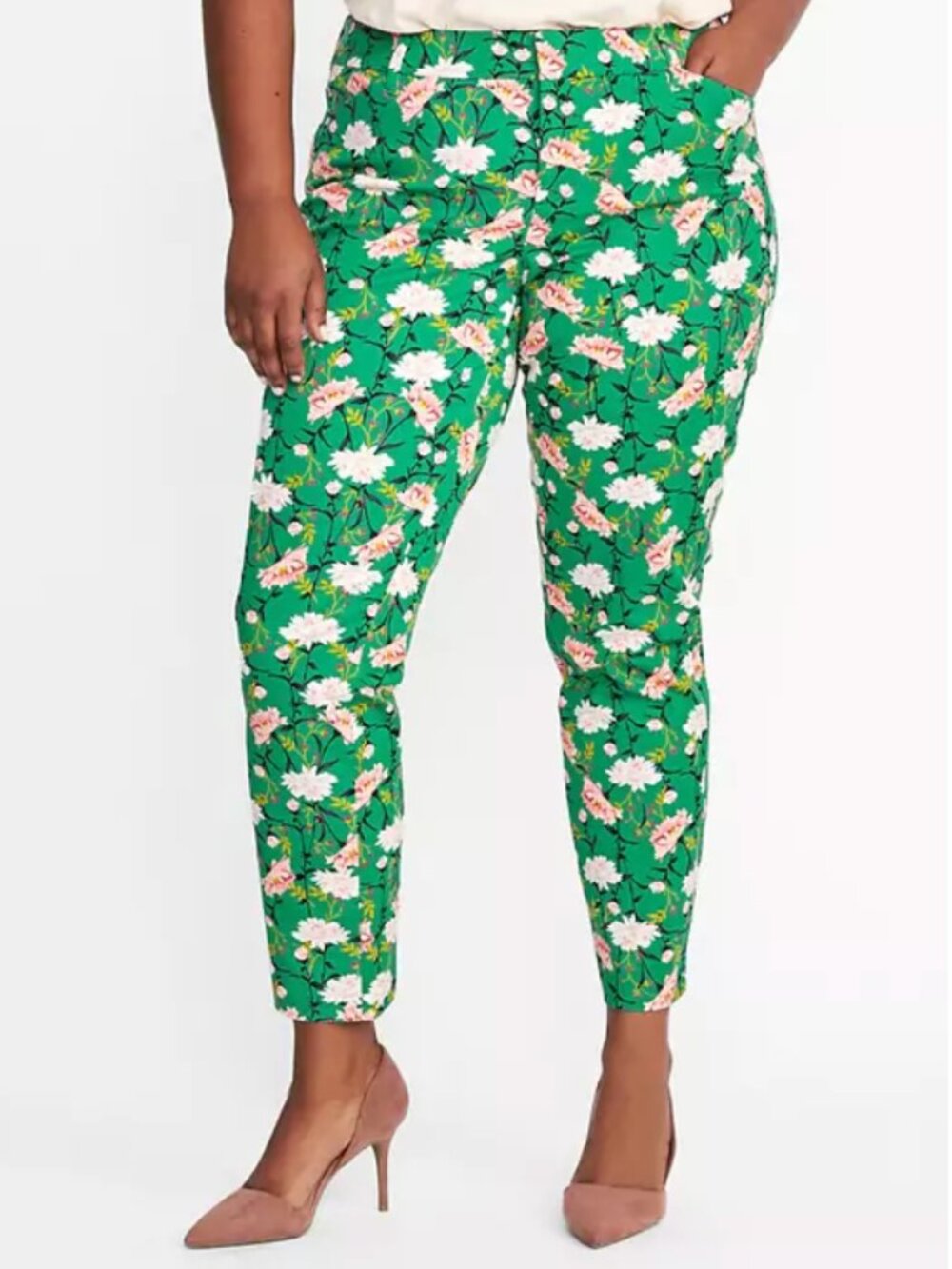 NWT Old Navy Green/Floral Print Pixie Mid-Rise Tapered Ankle Pants Women's 14